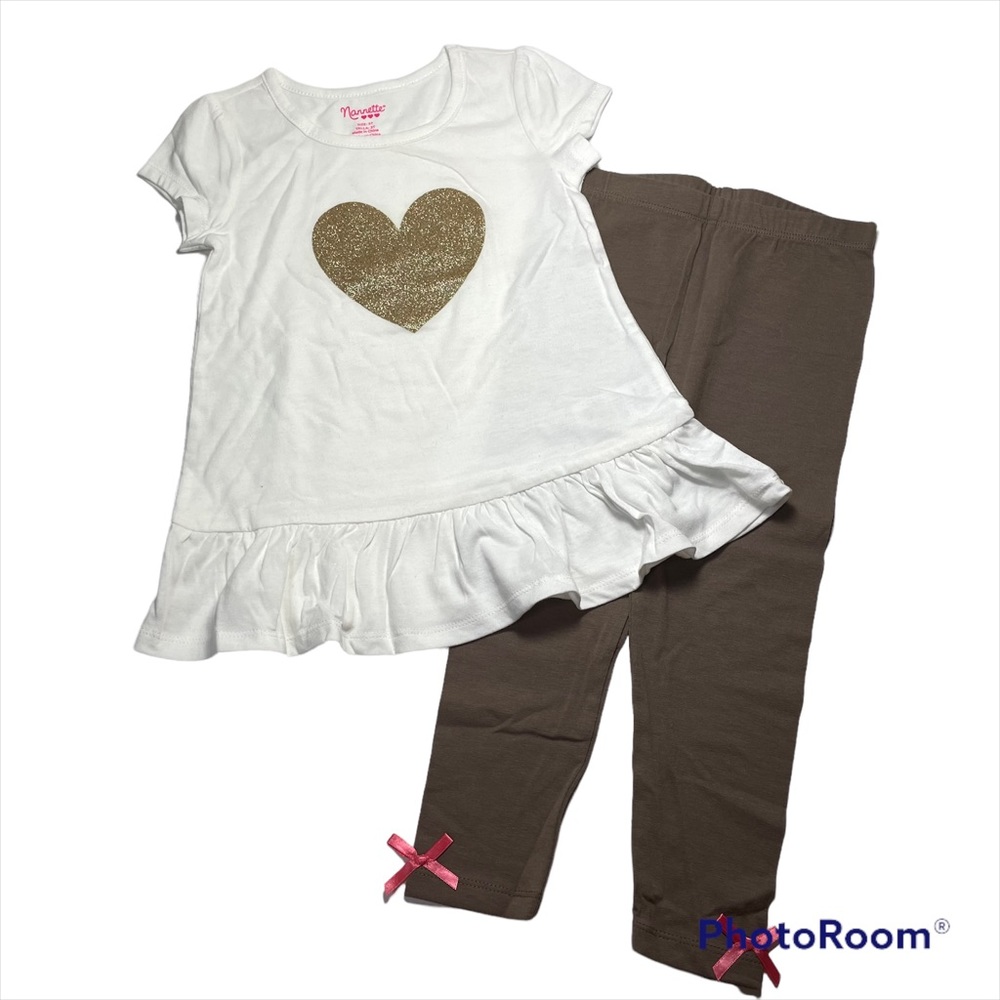 NWOT Nannette Gold Heart Screen Print Peplum Top With Leggings Size 3T